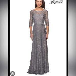 NWOT La Femme gray lace gown